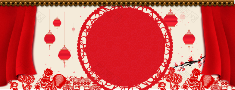 红色幕布剪纸灯笼新年海报背景