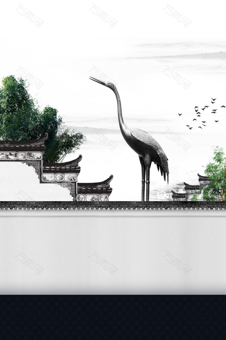 中国风建筑仙鹤背景