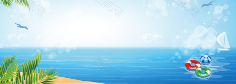 海边游泳手绘景色大气蓝色背景