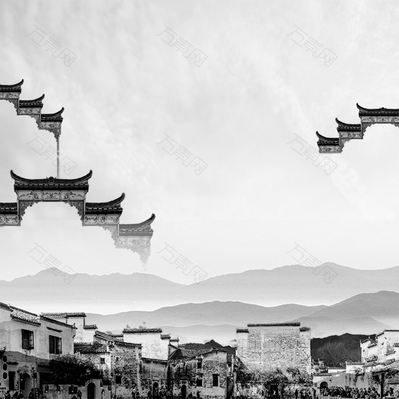 中国风水墨山水画古建筑大气黑白