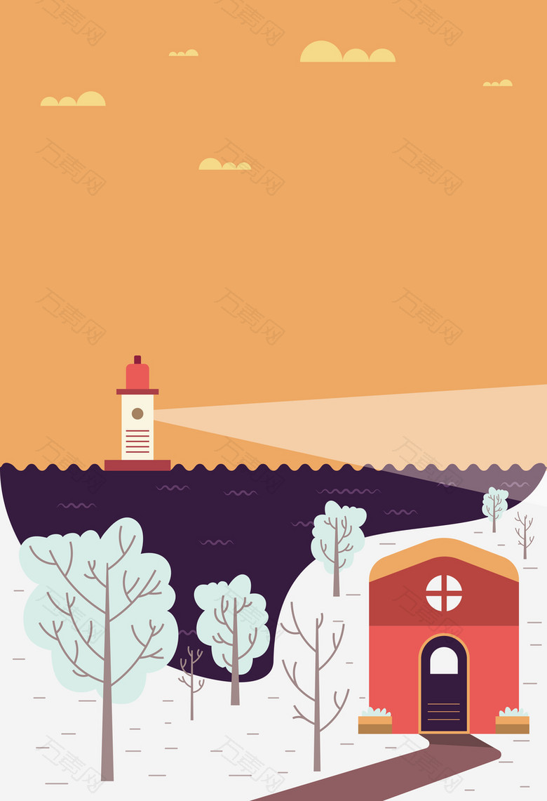 卡通冬季海港风景海报背景素材