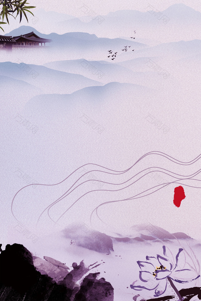 中国风莲花高山淡红色背景素材