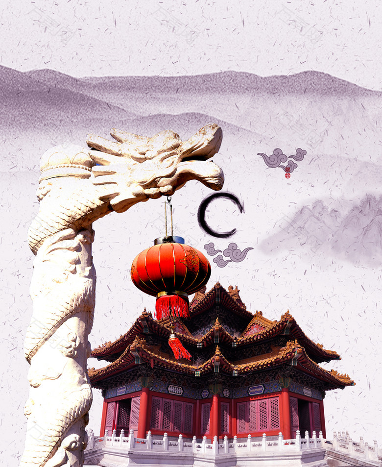 中国风盘龙柱高山褐色背景素材