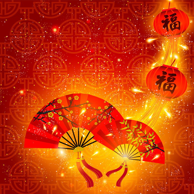 春节中国红扇子灯笼背景