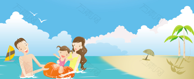 暑期全家海边游泳卡通童趣蓝色背景