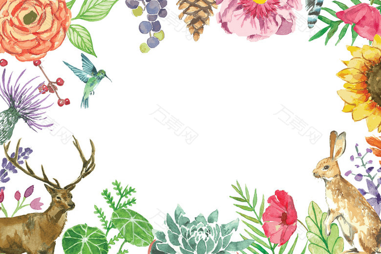 手绘水彩小动物花卉卡片背景