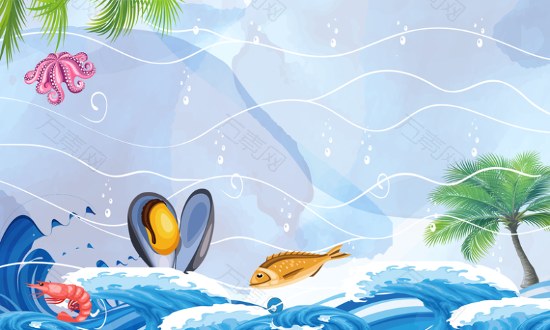 卡通海洋椰树小鱼背景