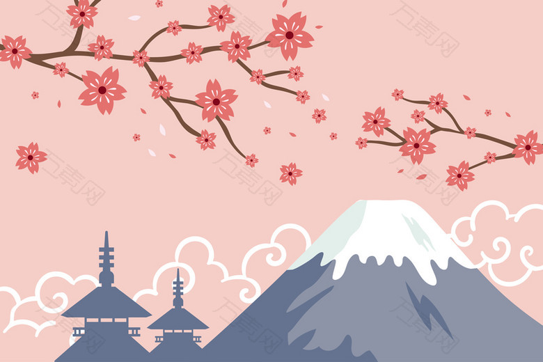卡通扁平旅游日本富士山风景海报背景素材