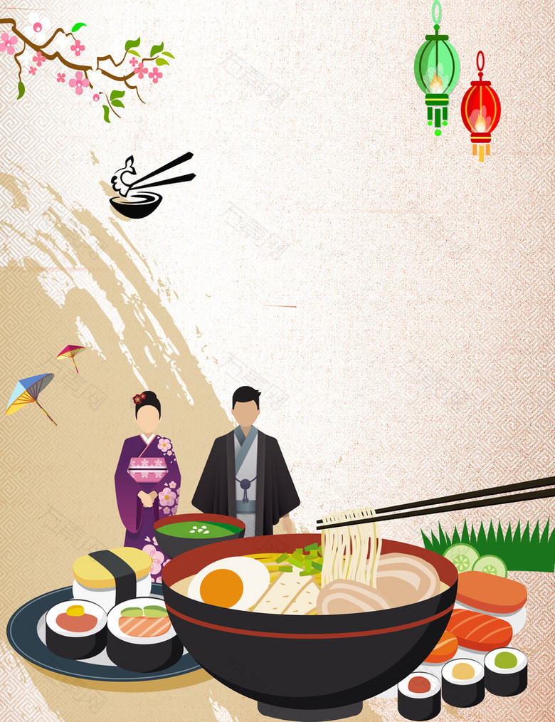手绘简洁剪影日本料理海报背景素材