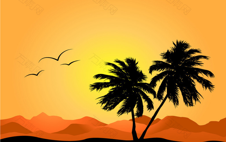 夕阳远山椰树背景