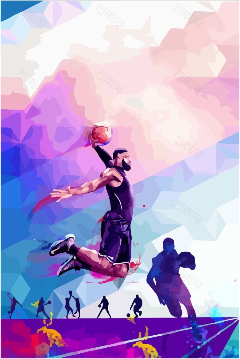 卡通水彩手绘篮球比赛海报背景