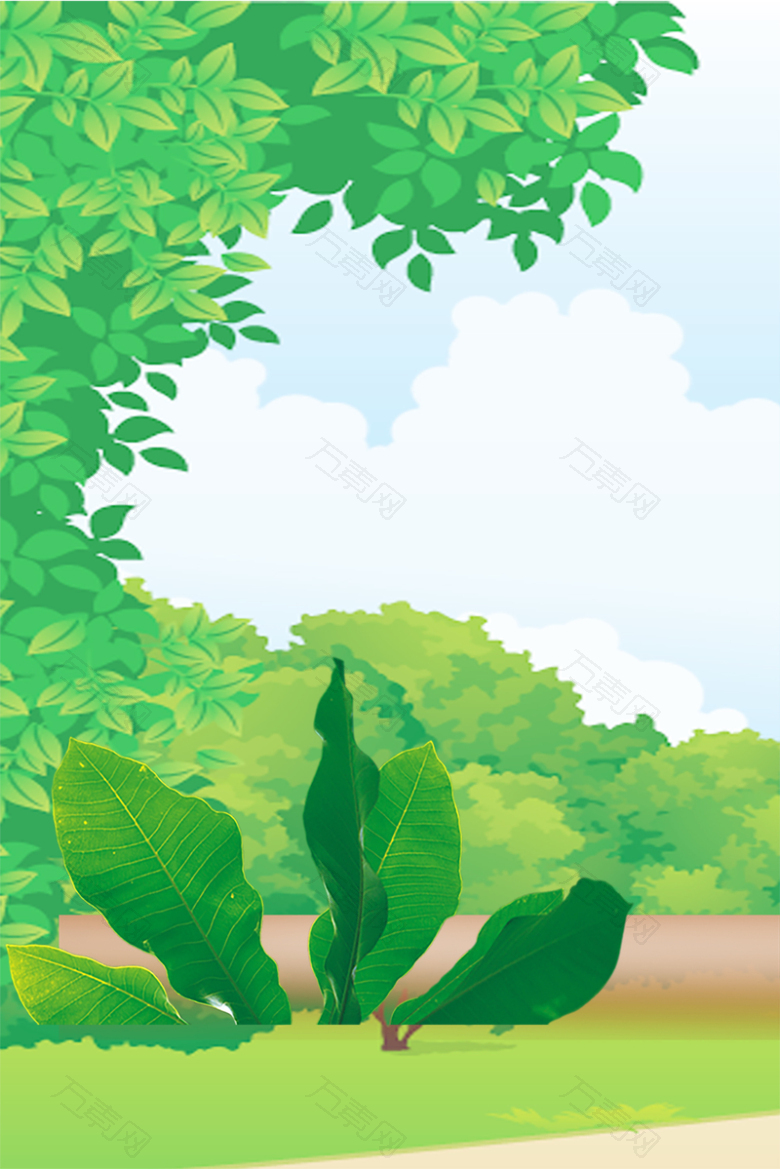 绿色卡通六一儿童节草地大树背景