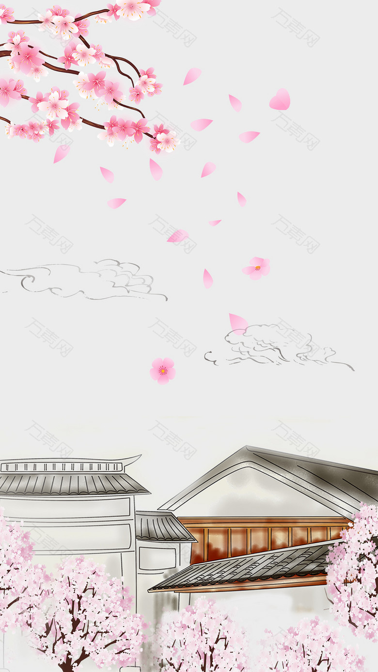 樱花节中国风手绘H5海报背景psd下载