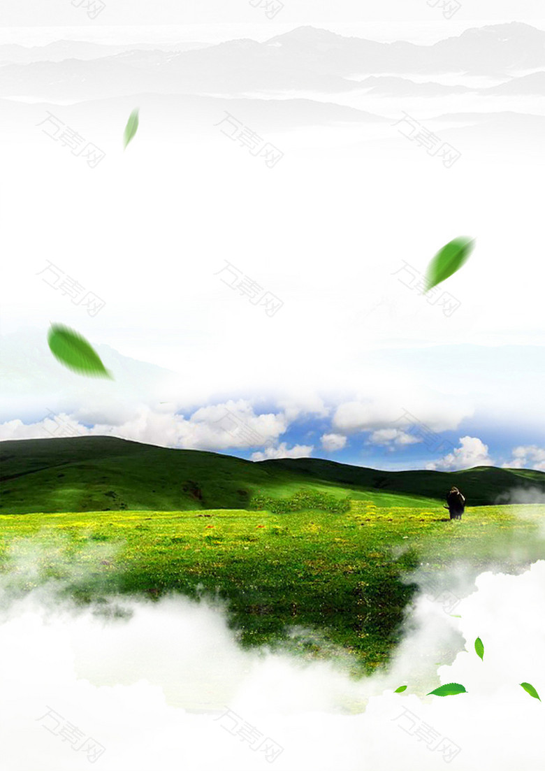 蓝天白云风景绿色草地漂浮树叶叶子背景素材