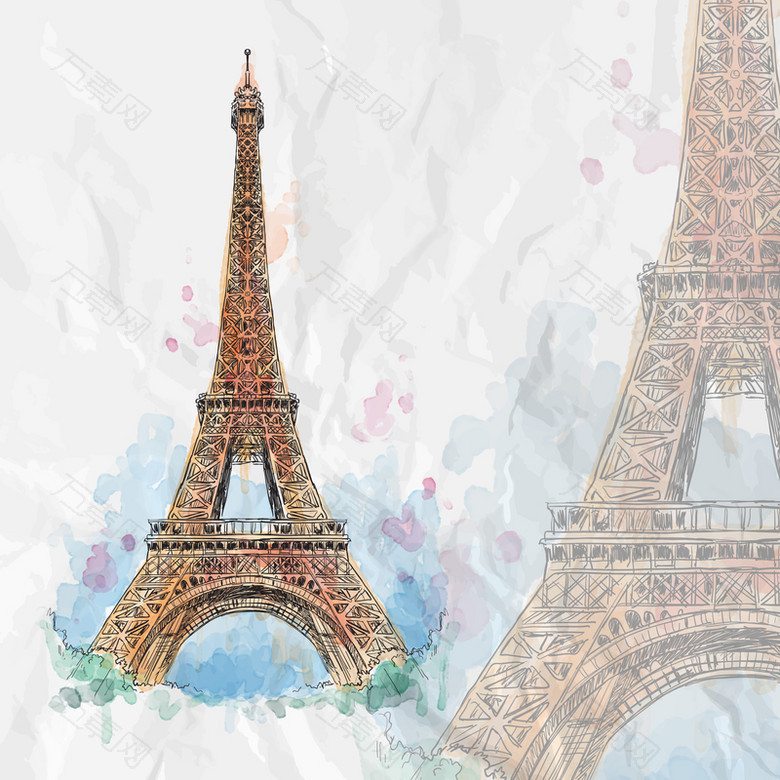 卡通手绘巴黎埃菲尔铁塔旅游背景素材