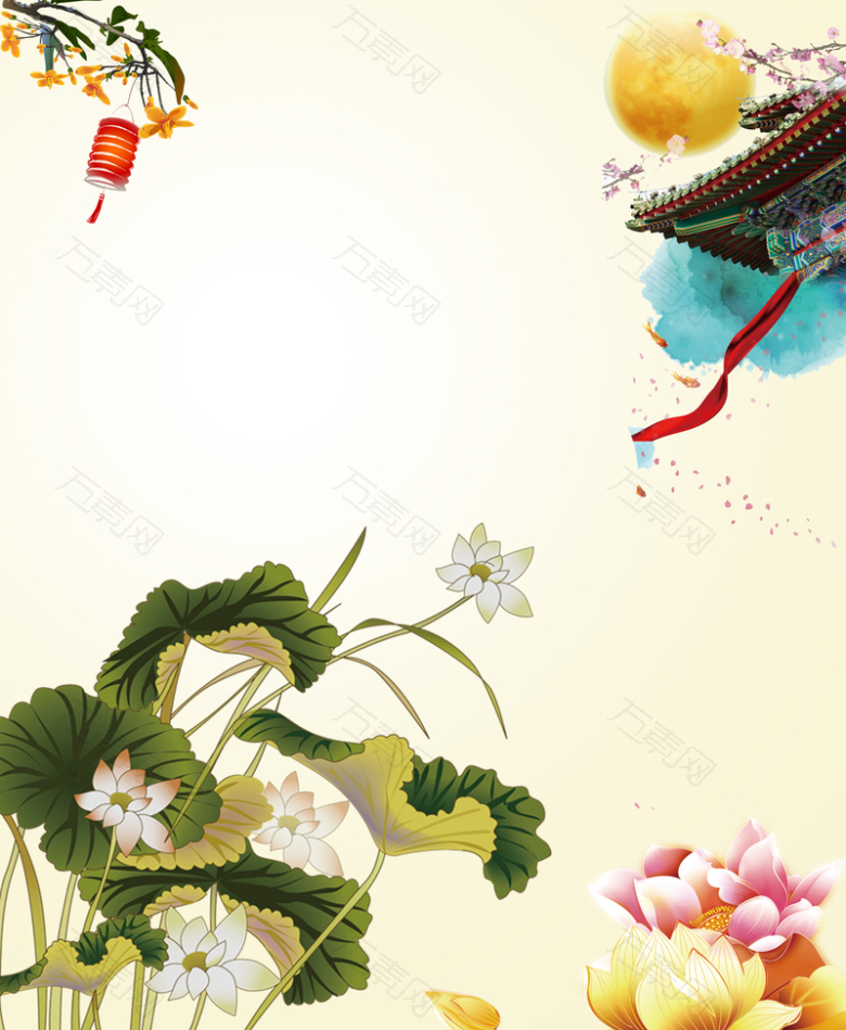 中国风古墙头下的莲花春节背景素材