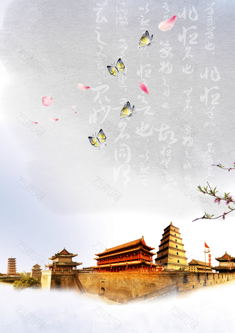 中国风蝴蝶围绕的中式建筑物背景素材
