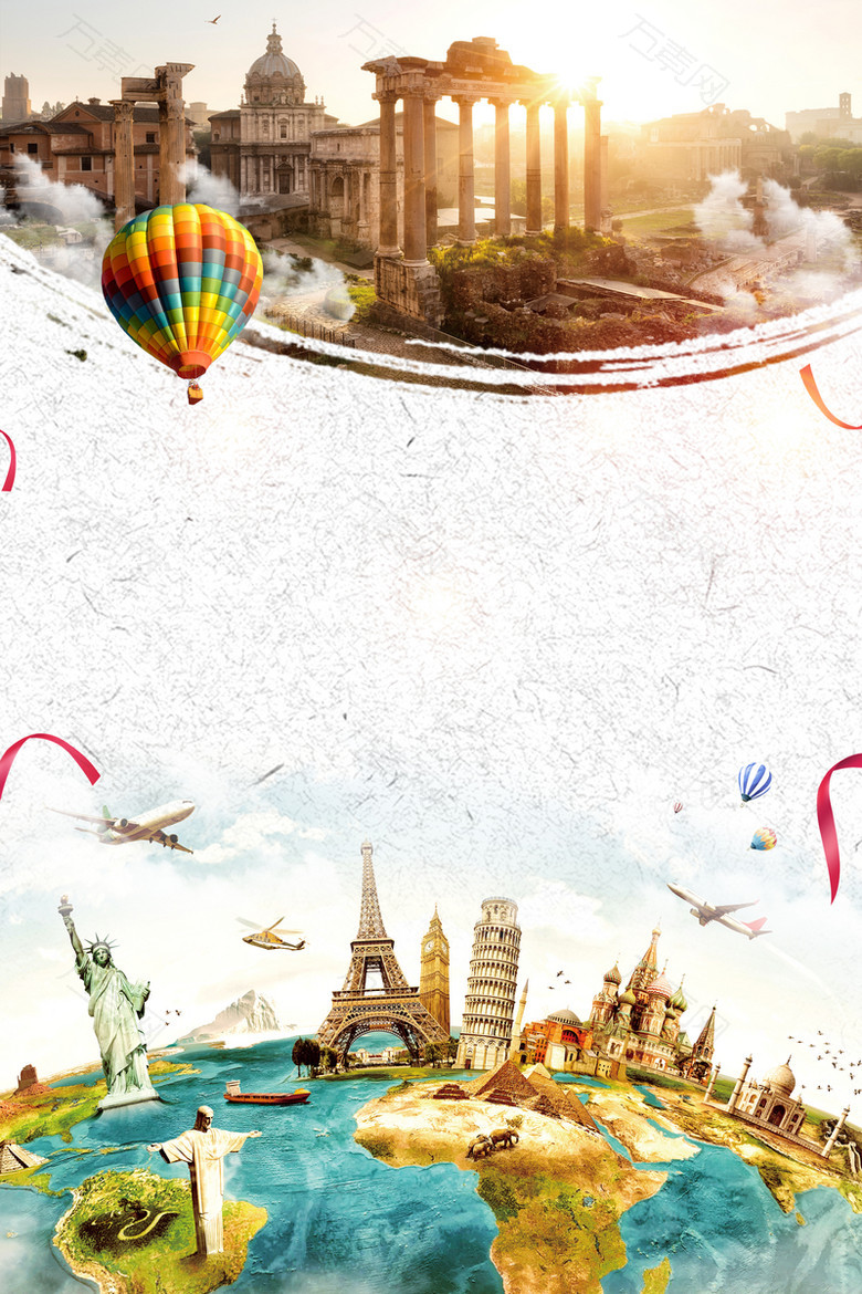 热气球出国世界环球旅游海报背景素材