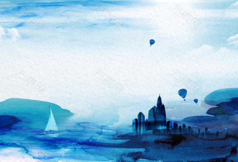 蓝色水彩风格山水建筑风景画册封面背景素材