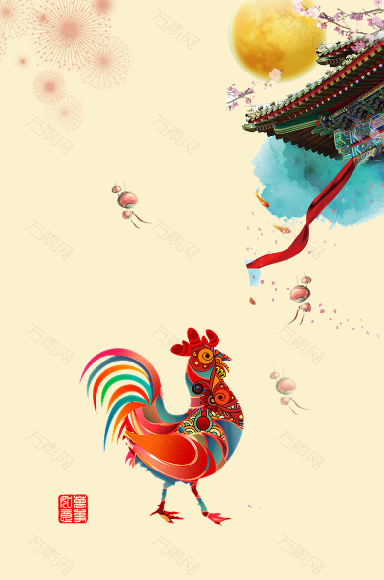 中国风古墙头下的公鸡春节背景素材