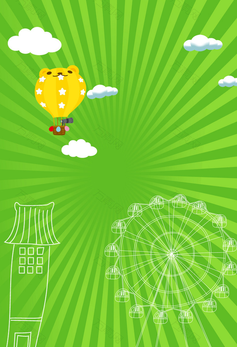 游乐园儿童气球玩耍白云纹理绿色背景图