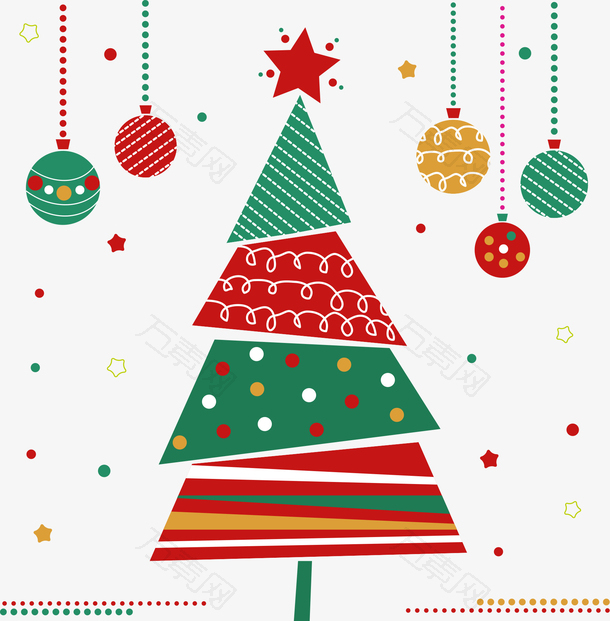 卡通彩色装饰树与圣诞灯