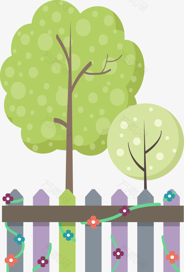 鲜花篱笆大树插图矢量图