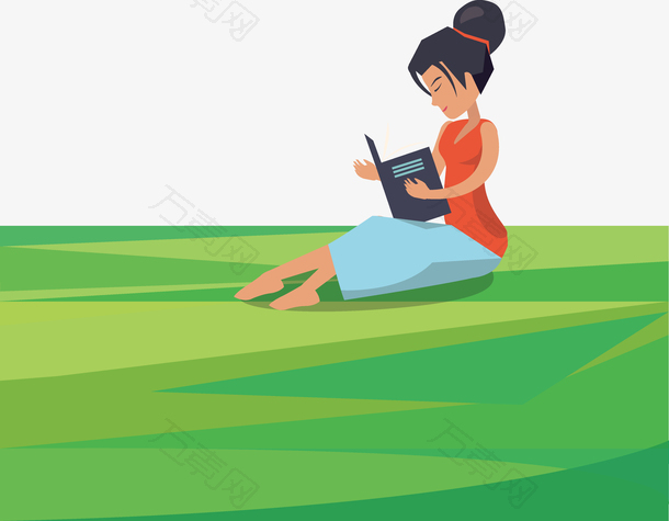手绘卡通草地上看书的书女孩矢量