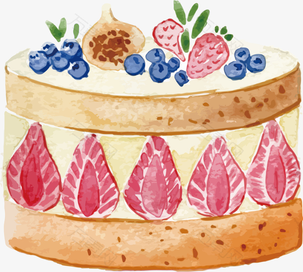 矢量水彩草莓生日蛋糕美食