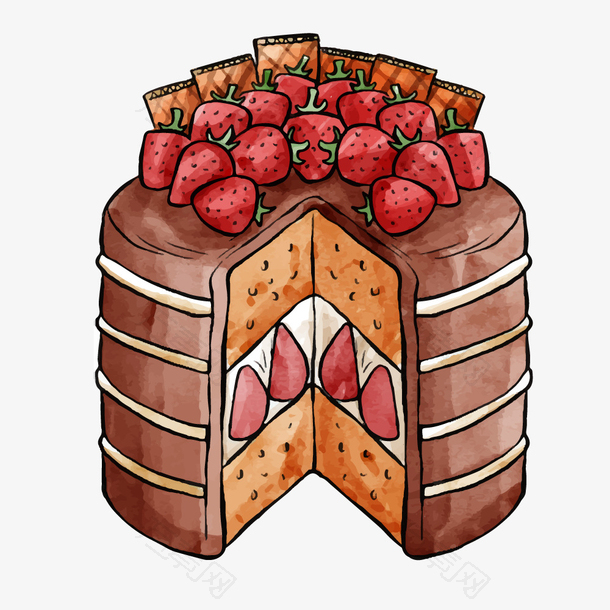 水彩风手绘生日水果夹心蛋糕素材