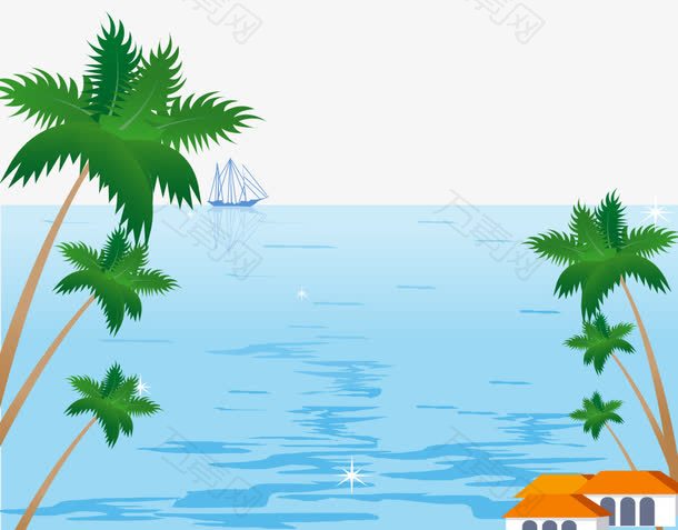 卡通手绘海上帆船椰树房屋