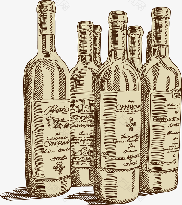 五个酒瓶矢量手绘速写红酒葡萄酒
