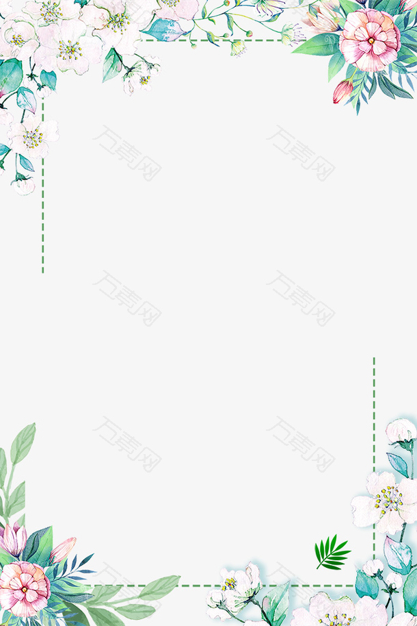 春季手绘纯白花朵与绿叶装饰边框