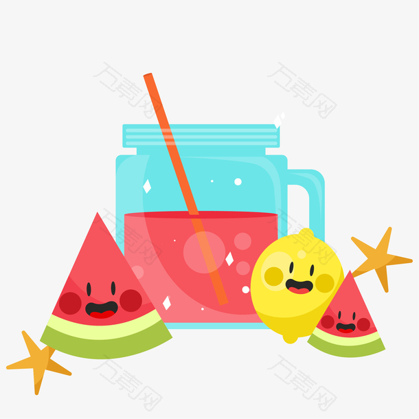 卡通沙滩上的果汁和水果