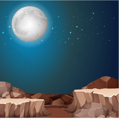 夜间月亮在沙漠场景