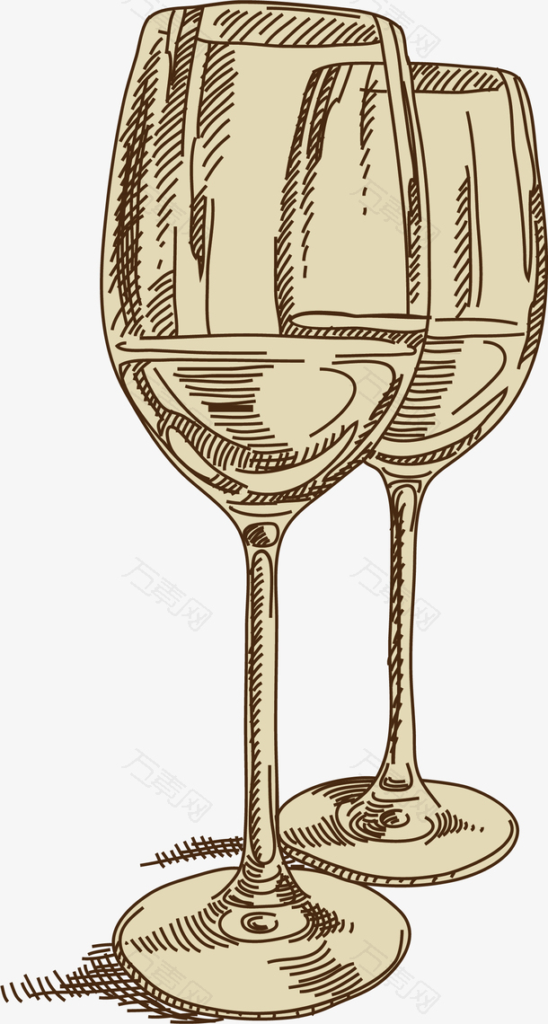 两个酒杯矢量手绘速写红酒葡萄酒
