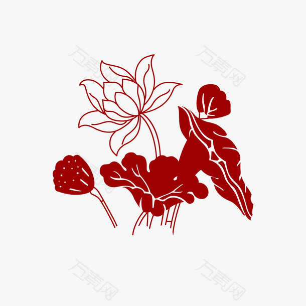 红色手绘荷花植物