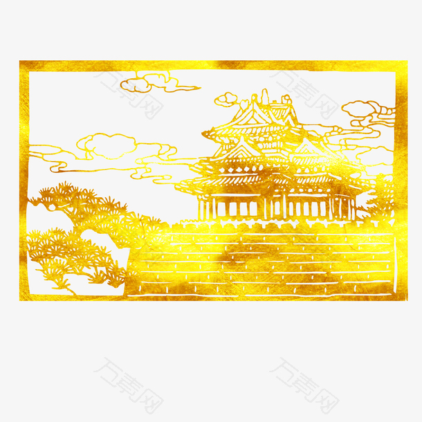 中国风著名景区剪纸烫金免抠图