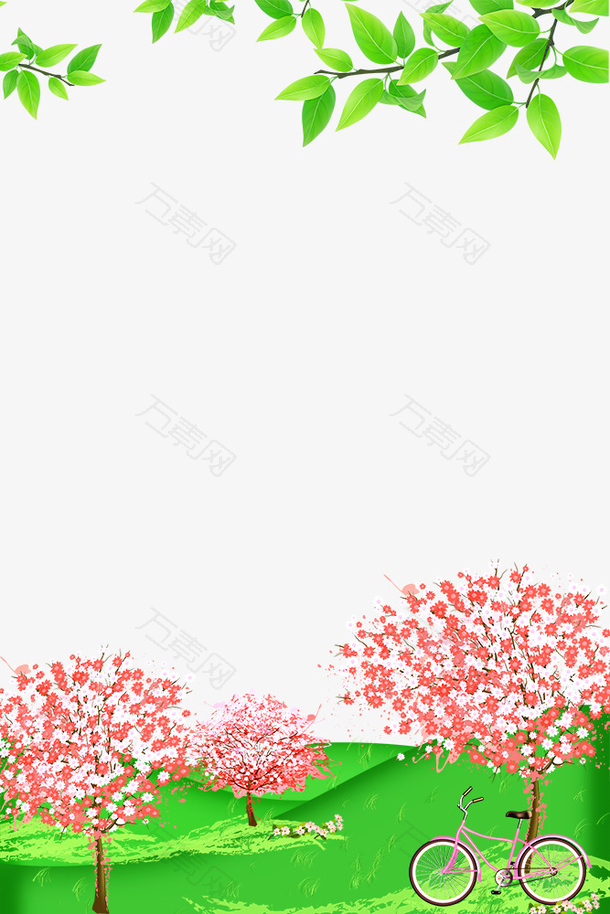 春季手绘小树与草地装饰边框