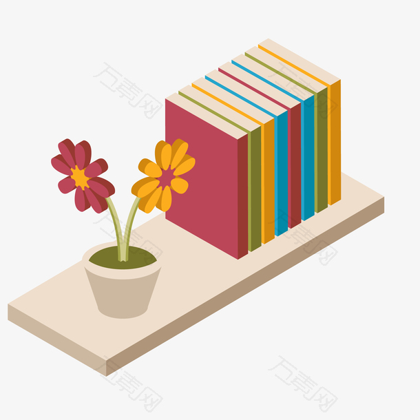 创意置物架上的书本和盆栽