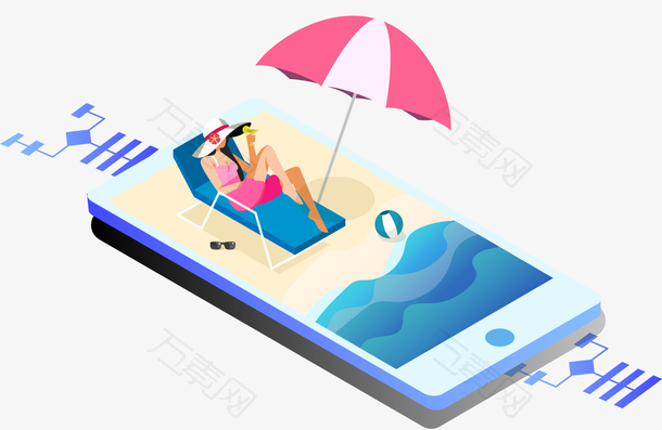 矢量装饰手机上的沙滩休闲度假