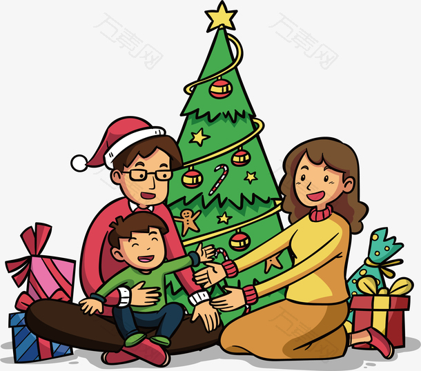 手绘开心的一家人过圣诞