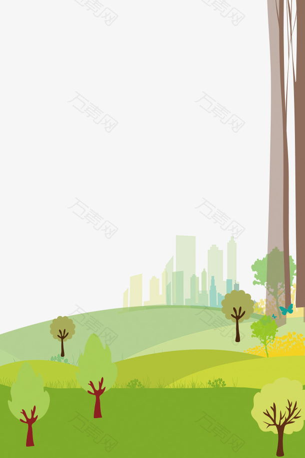 初夏绿色手绘树木郊外背景边框