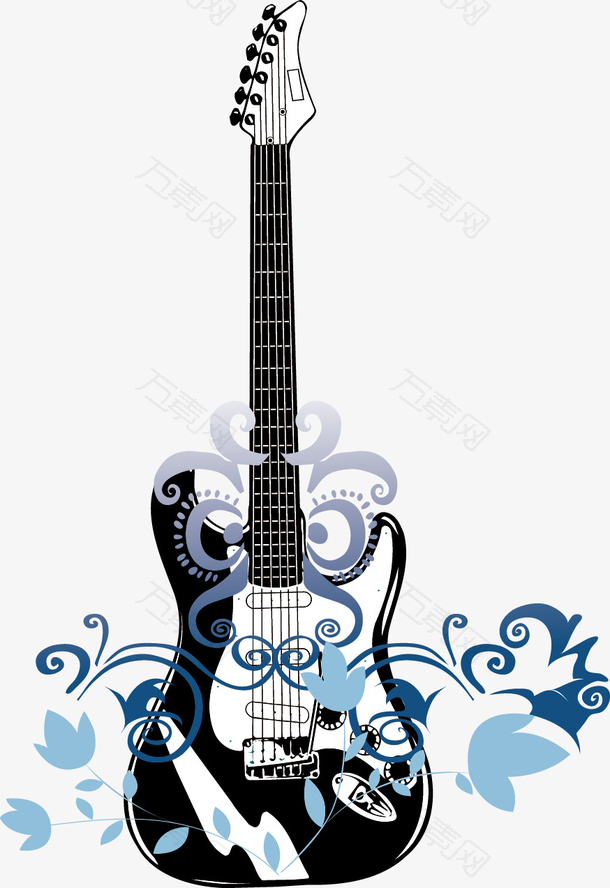 黑色吉他乐器蓝色花纹矢量