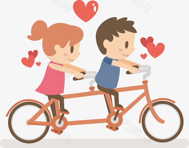 手绘卡通情侣双人自行车矢量元素