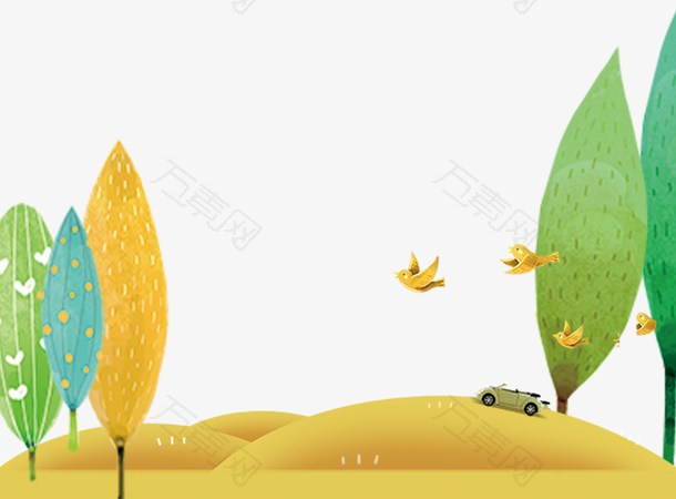 卡通手绘沙漠树木小鸟