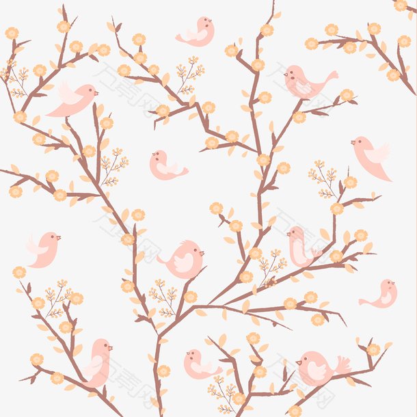 彩绘花枝上的鸟群矢量素材