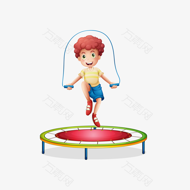 卡通在蹦蹦床上跳绳的男孩