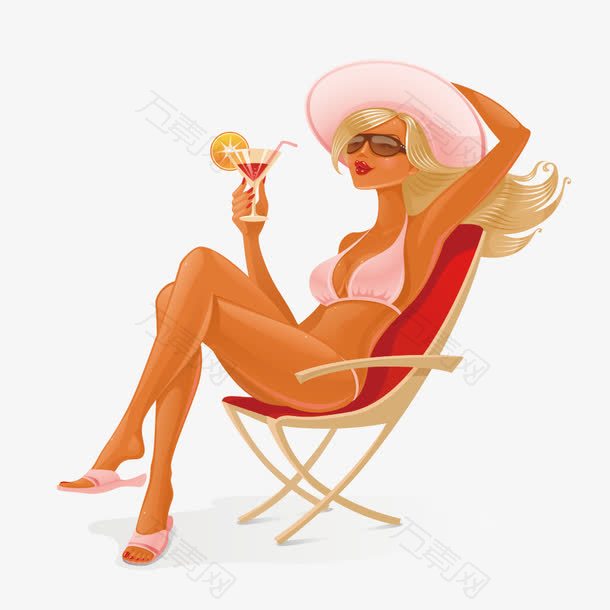 喝饮料坐在沙滩椅比基尼女郎