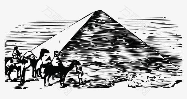手绘黑白版画金字塔人物骆驼
